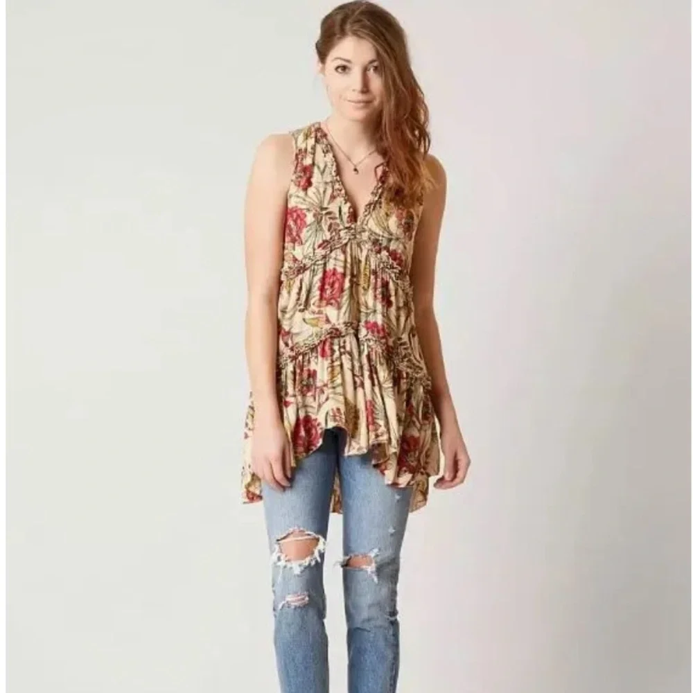 Free People Haze Floral Printed Tunic Tank Size Small Neutral Multi Hummingbird - Picture 3 of 9